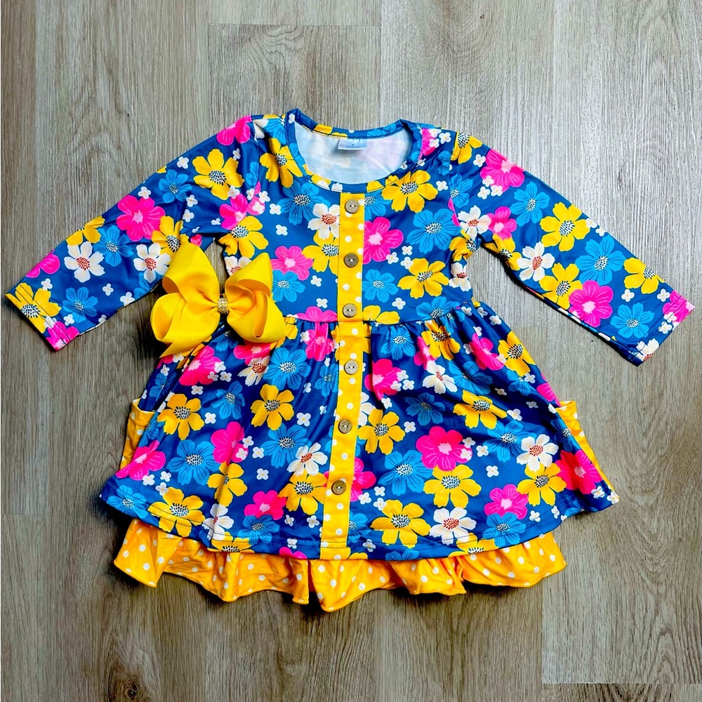 Girls Floral Long Sleeve Dress with Matching Bow